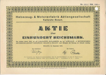 Németország / Weimari Köztársaság/Karlsruhe-Bulach 1926. 'Hebezeug- & Motorenfabrik Aktiengesellschaft Karlsruhe-Bulach' részvénye 100M-ról, lyukasztással érvénytelenítve T:AU Germany / Weimar Republic/Karlsruhe-Bulach 1926.