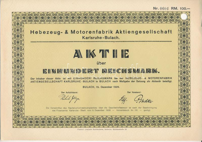 Németország / Weimari Köztársaság/Karlsruhe-Bulach 1926. 'Hebezeug- & Motorenfabrik Aktiengesellschaft Karlsruhe-Bulach' részvénye 100M-ról, lyukasztással érvénytelenítve T:AU Germany / Weimar Republic/Karlsruhe-Bulach 1926.