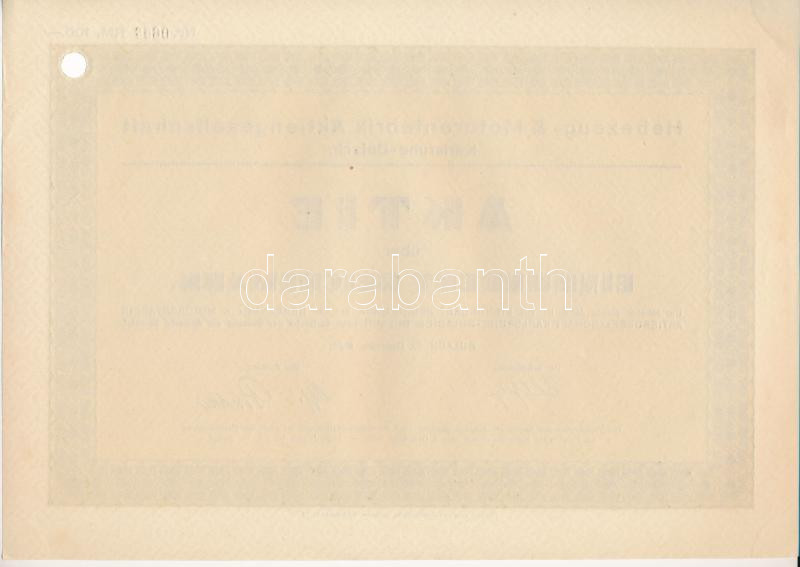 Németország / Weimari Köztársaság/Karlsruhe-Bulach 1926. 'Hebezeug- & Motorenfabrik Aktiengesellschaft Karlsruhe-Bulach' részvénye 100M-ról, lyukasztással érvénytelenítve T:AU Germany / Weimar Republic/Karlsruhe-Bulach 1926. - Image 2