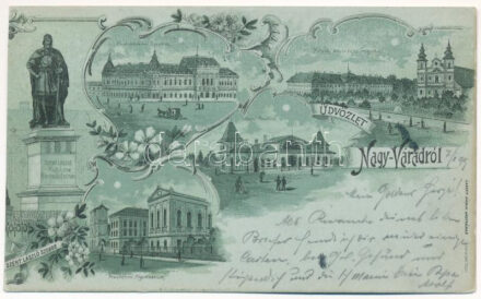 1899 (Vorläufer) Nagyvárad, Oradea; Szent László király szobor, Premontrei főgimnázium, Kereskedelmi csarnok, Sport pavilon, Püspöki palota és székesegyház / statue, grammar school, trade hall, sport pavilion, bishop's palace and