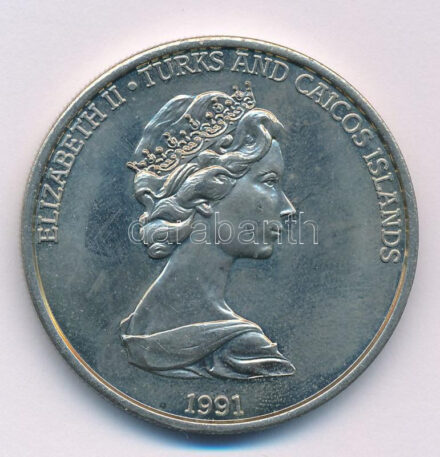 Turks- és Caicos-szigetek 1991. 5C 'II. Erzsébet / Az Új Világ felfedezése' Cu-Ni C:AU Turks and Caicos Islands 1991. 5 Crown 'ELizabeth II / Discovery of the New World' Cu-Ni C:AU