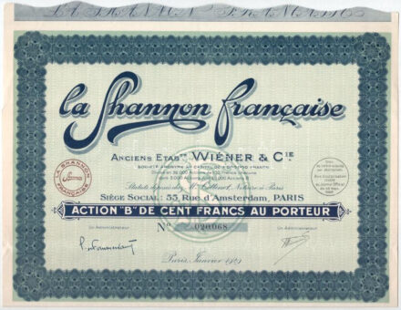 Franciaország / Párizs 1929. 'La Shannon Francaise' 'B' részvénye 100Fr-ról szelvényekkel T:F France / Paris 1929. 'La Shannon Francaise' 'B' share about 100 Francs with coupons C:F