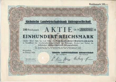 Németország / Weimari Köztársaság / Drezda 1926. 'Szász Mezőgazdasági Bank Részvénytársaság' részvénye 100M-ról, szárazpecséttel, lyukasztással érvénytelenítve T:XF Germany / Weimar Republic / Dresden 1926. 'Sächsische