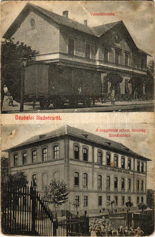 1910 Budaörs, A nagypénteki reform. társaság Erzsébetháza. Vasútállomás (kopott sarkak / worn corners)