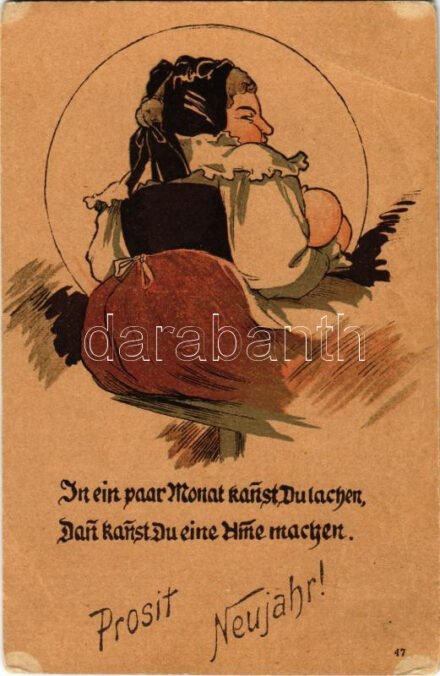Prosit Neujahr! / New Year greeting art postcard with lady, erotic humour. litho (EB)