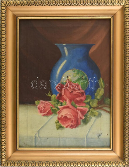 Jelzés nélkül: Csendélet. Olaj, vászon, jelzett, kissé sérült. Dekoratív fakeretben. 35,5×25,5 cm