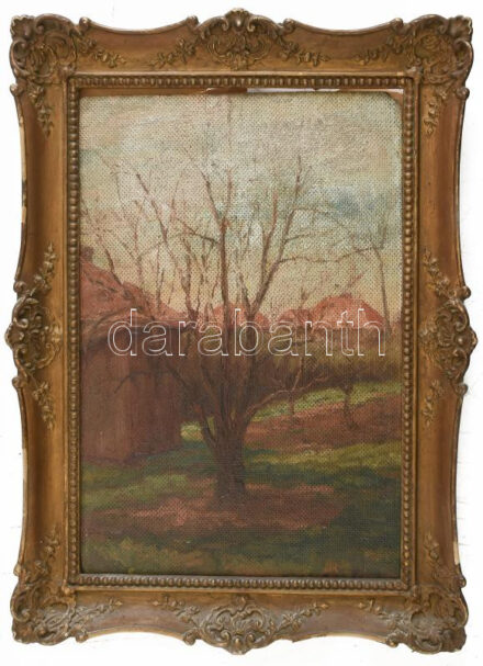 Jelzés nélkül: Táj. Olaj, karton. Sarkaiban sérült. Dekoratív, kissé sérült fakeretben. 35×24 cm