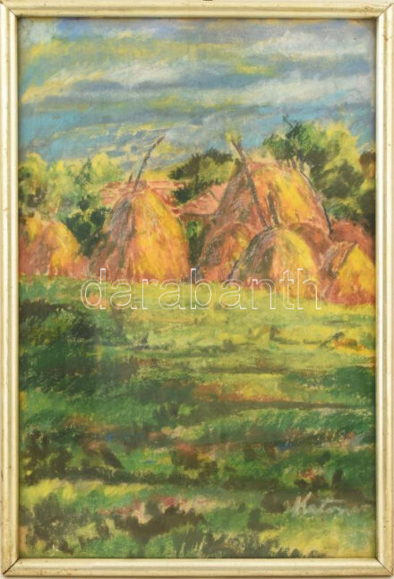 Olvashatatlan jelzéssel: Szénakazlak a napfényben. Pasztell, papír. Üvegezett fakeretben. 42×27,5 cm