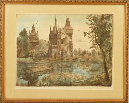 Gross Arnold (1929-2015): Vajdahunyad vár. Színezett rézkarc, papír, jelzett. Üvegezett fakeretben, 29×39 cm.