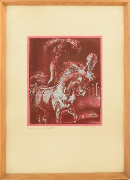 Szinte Gábor (1928-2012): Cirkusz. Szitanyomat, papír, jelzett, autográf ajándékozási sorokkal, 37x31 cm, üvegezett fakeretben.