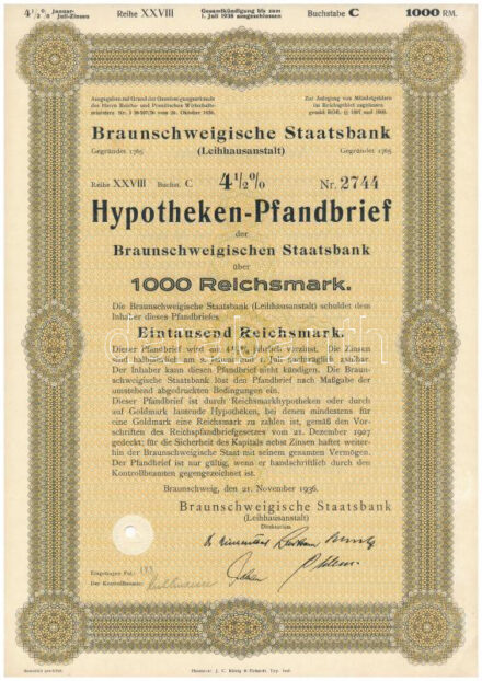 Német Harmadik Birodalom / Braunschweig 1936. 'Braunschweig-i Állami Bank' 4 1/2%-os kölcsönkötvénye 1000M-ról, szárazpecséttel, lyukasztással érvénytelenítve T:I- German Third Reich / Braunschweig 1936. 'Braunschweigische