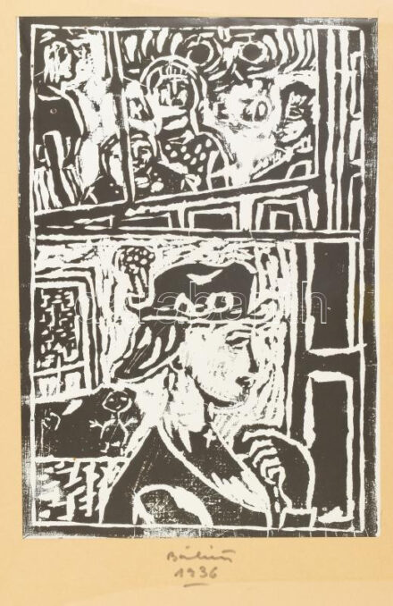 Bálint Endre (1914-1986): 'Kurva kávézó'. Linómetszet, papír, jelzett, Bálint Endre autográf ajándékozási soraival (paszpartu által takarva), 32,5x20 cm, üvegezett fakeretben.