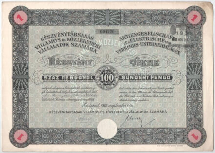 Budapest 1929. 'Részvénytársaság Villamos és Közlekedési Vállalatok Számára' részvénye 100P-ről, szelvényekkel, bélyegzéssel és szárazpecséttel T:II-