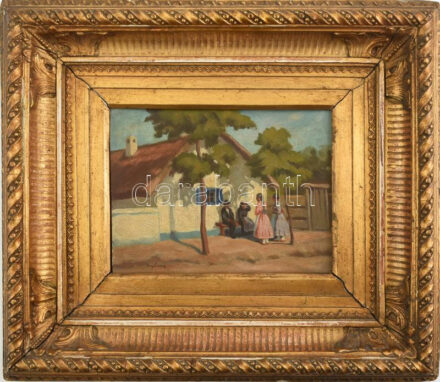 Nyilasy Sándor (1873-1934): Tere-fere. Olaj, fa. Jelezve balra lent. Dekoratív fakeretben, 17,5×23 cm/ oil on wood, signed, framed
