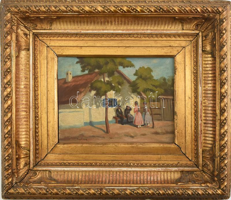 Nyilasy Sándor (1873-1934): Tere-fere. Olaj, fa. Jelezve balra lent. Dekoratív fakeretben, 17,5×23 cm/ oil on wood, signed, framed