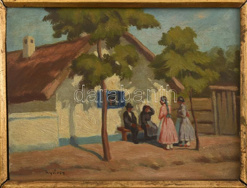Nyilasy Sándor (1873-1934): Tere-fere. Olaj, fa. Jelezve balra lent. Dekoratív fakeretben, 17,5×23 cm/ oil on wood, signed, framed - Image 2