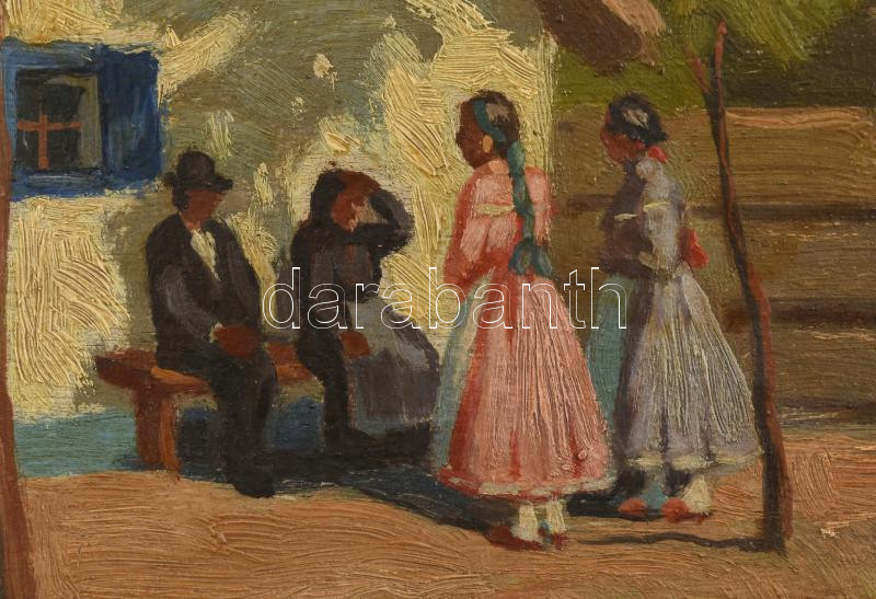 Nyilasy Sándor (1873-1934): Tere-fere. Olaj, fa. Jelezve balra lent. Dekoratív fakeretben, 17,5×23 cm/ oil on wood, signed, framed - Image 4