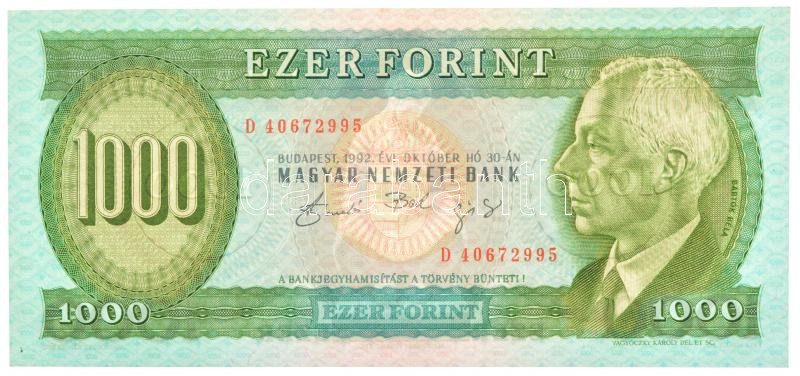 1992. 1000Ft 'D 40672995' T:I,I- felső szélen kis hajlás / Hungary 1992. 1000 Forint 'D 40672995' C:UNC,AU small bend at the upper edge Adamo F46