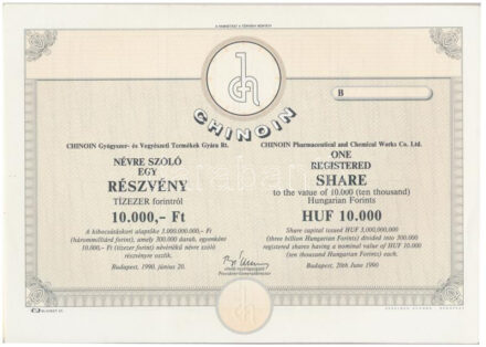 Budapest 1990. 'CHINOIN Gyógyszer és Vegyészeti Termékek Gyára Rt.' kitöltetlen, névre szóló részvénye, magyar és angol nyelven, szelvényekkel T:I
