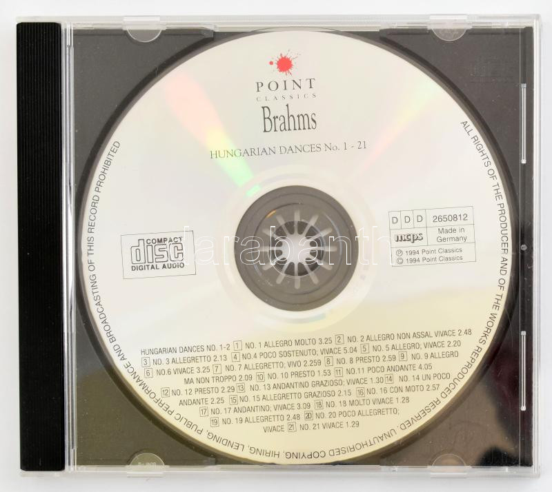 Brahms, London Festival Orchestra, Cesare Cantieri - Hungarian Dances No. 1-21. CD, Album, Point Classics, Németország, 1994. VG