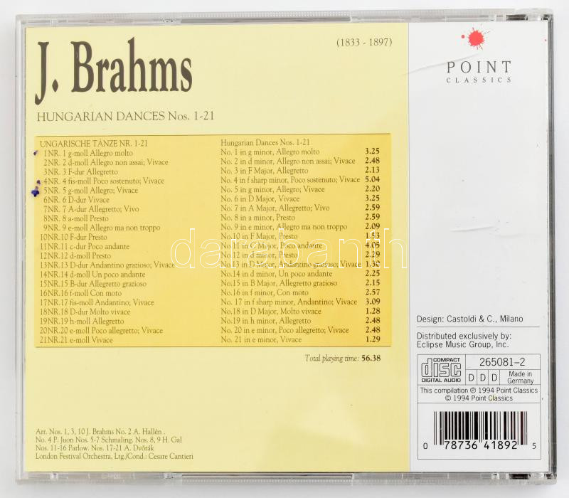 Brahms, London Festival Orchestra, Cesare Cantieri - Hungarian Dances No. 1-21. CD, Album, Point Classics, Németország, 1994. VG - Image 2