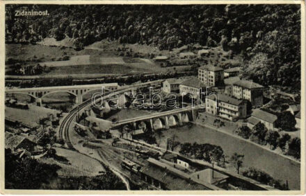 1932 Zidani Most, Steinbrück; general view with railway station, railway bridge, locomotive, train (EK)