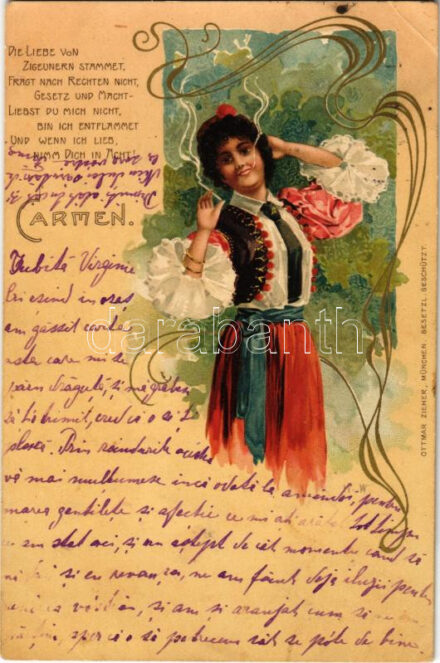 1900 'Die Liebe von Zigeunern stammet...' Carmen. Gypsy lady smoking a cigarette. Ottmar Zieher Art Nouveau, floral, litho s: H. W. (EK)