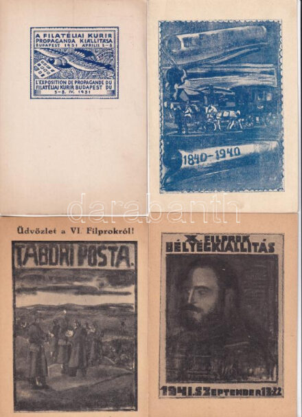 4 db RÉGI bélyeg motívum képeslap: bélyegkiállítások alkalmi bélyegzőkkel / 4 pre-1945 stamp motive postcards: stamp exhibitions + So. Stpl.