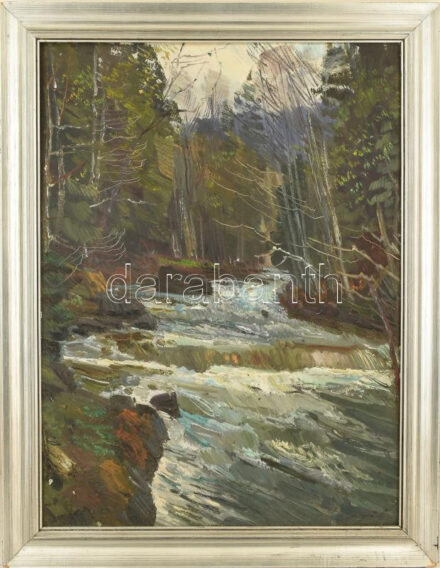 Sütő János (1933-2019): Kárpátaljai táj. Olaj, karton. Jelzett. Hátoldalán autográf felirattal. Fa keretben. 80x59 cm / Oil on board, signed, framed.