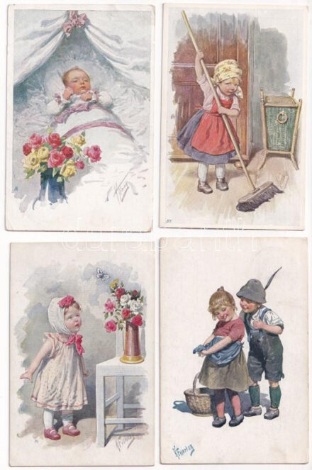 4 db RÉGI gyerek motívum képeslap: K. Feiertag művészlapok / 4 pre-1945 children motive postcards: art postcards signed by K. Feiertag