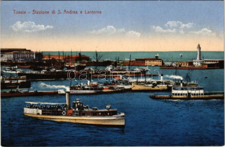 Trieste, Trieszt; Stazione di S. Andrea e Lanterna / port, steamships, lighthouse