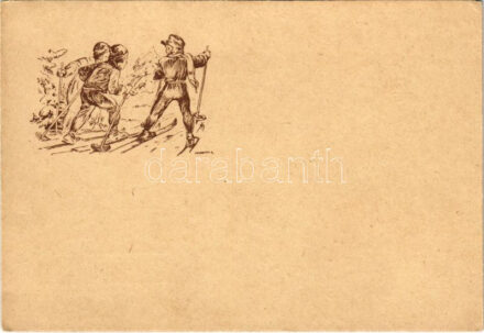 Síelő cserkészek, téli sport / Hungarian boy scout art postcard, skiing, winter sport s: Márton L. (EK)