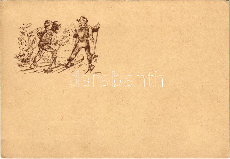 Síelő cserkészek, téli sport / Hungarian boy scout art postcard, skiing, winter sport s: Márton L. (EK)