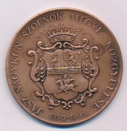 Győrfi Sándor (1951-) DN 'Jász-Nagykun-Szolnok-Megye 1876' bronz plakett, előoldalon a megye címerével, hátoldalán a megyeszékházzal (60mm) T:UNC,AU