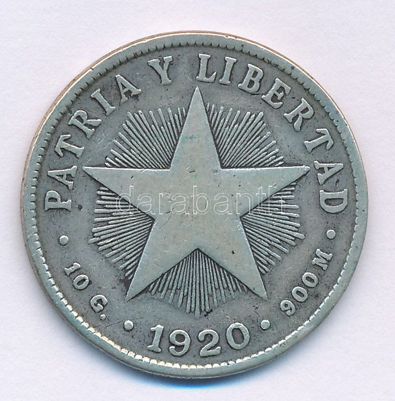 Kuba 1920. 40c Ag T:VF patina Cuba 1920. 40 Centavos Ag C:VF patina Krause KM#14.1 - Image 2
