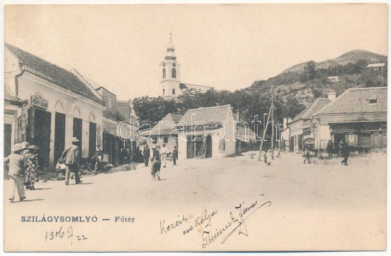 1906 Szilágysomlyó, Simleu Silvaniei; Fő tér, Kovács Sámuel, Schupiter János és Verecz üzlete. Heimlich K. kiadása / main square, shops (fl)