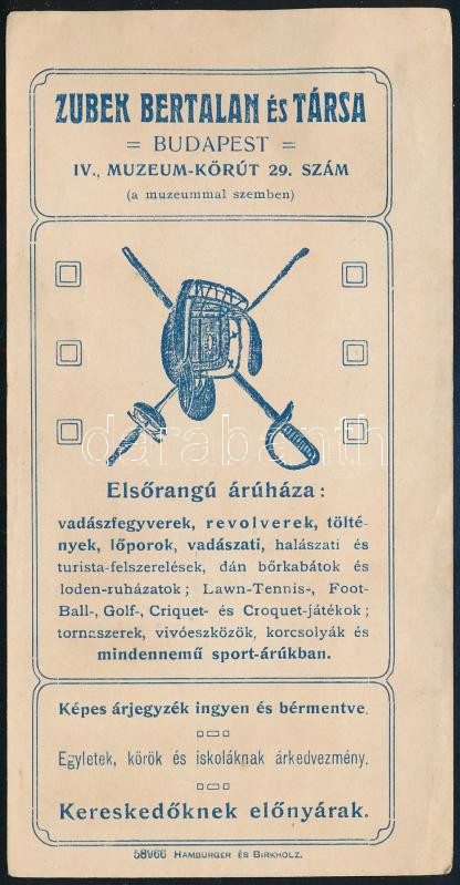 Zubek Bertalan vadászfegyverek, revolverek számolócédula
