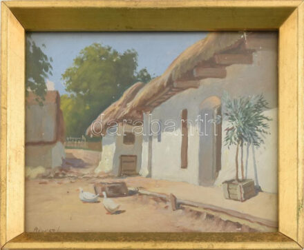 Révész L jelzéssel: Napfényes udvar. Olaj, karton. Üvegezett fakeretben. 22×27 cm