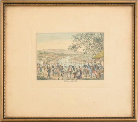 cca 1830-40 Ofen und Pesth, Pest-Buda látképe dél felől, hajóhíddal, az előtérben mulató emberekkel. Akvarellel színezett rézmetszet, papír, jelzés nélkül, üvegezett fakeretben, 12,5×16 cm