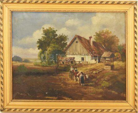 Ilnitzky Imre (?-?), működött a XX. sz. első felében: Tanya. Olaj, vászon, jelzett, apró sérülésekkel. Dekoratív fakeretben, 40×50 cm