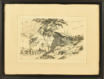 Tichy Kálmán (1888-1968): Gellérthegyi lelátó. Rézkarc, papír. Jelzett. Üvegezett fakeretben, 20×30 cm