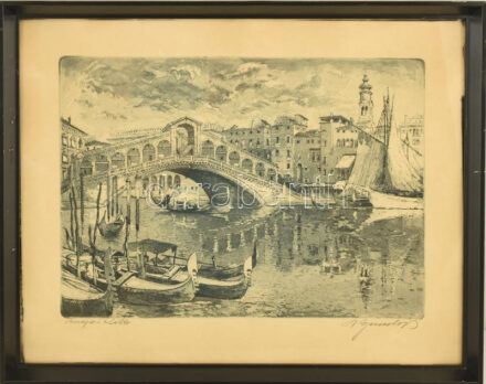 Szentgyörgyvári Gyenes Lajos (1890-1971): Venezia, Rialto. Rézkarc, papír. Jelzett. Üvegezett fakeretben, 35×23,5 cm