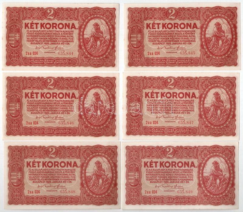 1920. 2K (6x) sorszámkövetők '2aa 024 655.844 - 2aa 024 655.849' T:AU kis lap széli folt Adamo K7