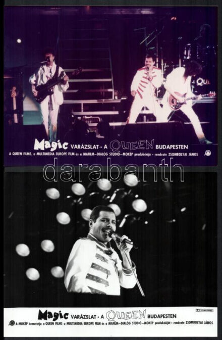 cca 1986 Queen együttes Budapesten, 3 db produkciós filmfotó + 2 db korábbi felvétel, összesen 5 db fotó Freddie Mercury-ról és az együttesről, ebből kettő modern nagyítás a néhai Lapkiadó Vállalat fotófotólaborjának