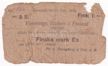 Finnország / Jakobstad 1918. 1M szükségpénz 'A II. 434'-es sorszámmal T:G anyaghiány Finland / Jakobstad 1918. 1 Mark WWI emergency issue with 'A II. 434' serial number C:G material error