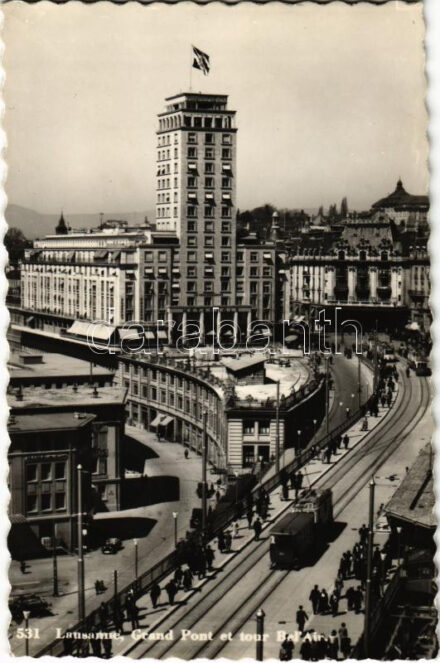 1949 Lausanne, Grand Pont et tour Bel' Air / bridge, street, trams, Hotel Metropole (EK)