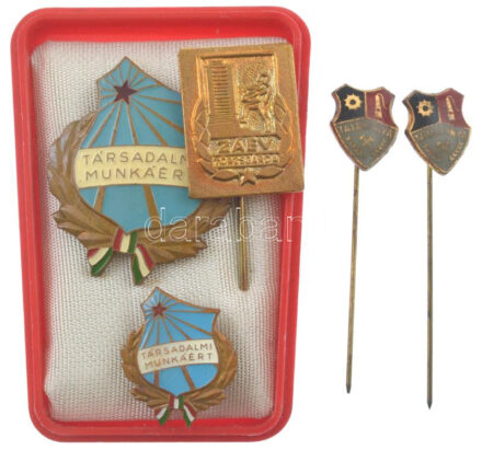 ~1960-1970. 'Társadalmi munkáért' műgyantás fém kitüntetés miniatűrrel, tokban (~31x25mm; 18x15mm) + 'ZAÉV törzsgárda' fém kitűző (20x16mm) + 'Tatabánya' (2x) műgyantás fém kitűzők (12x10mm) T:XF