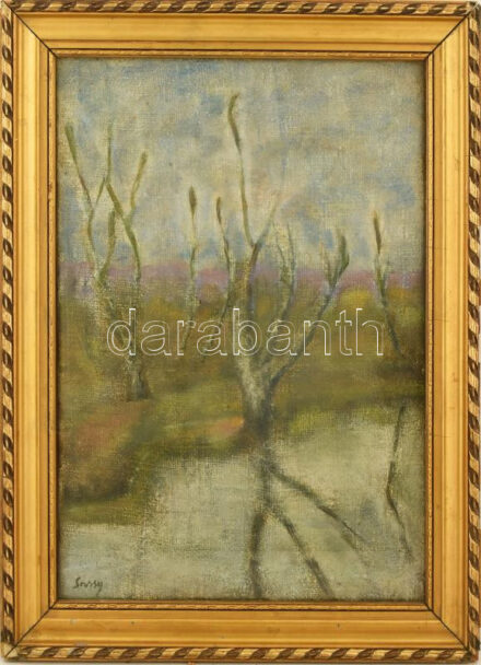 Sassy jelzéssel: Folyópart fákkal. Olaj, vászon. Dekoratív, üvegezett fakeretben, a kereten kisebb sérülésekkel, 50x35 cm