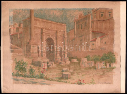 Conrad Gyula (1877-1959): Arco di Settinio Severa Róma, 1910-es évek. Litográfia, papír, jelzett, papírra kasírozva, 25x34 cm.