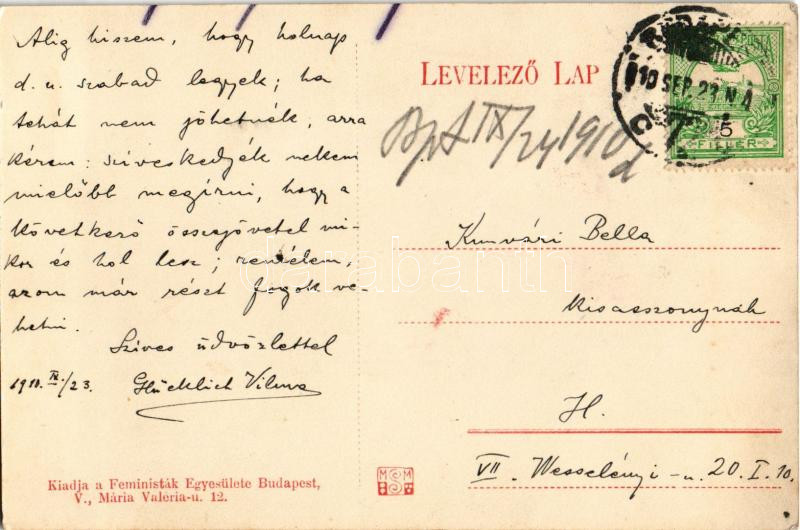 1910 Általános választójog csak az, amely a nőkre is kiterjed! Választó jogot anyuskának! Kiadja a Feministák Egyesülete / Hungarian feminist propaganda, right of election (fl) - Image 2